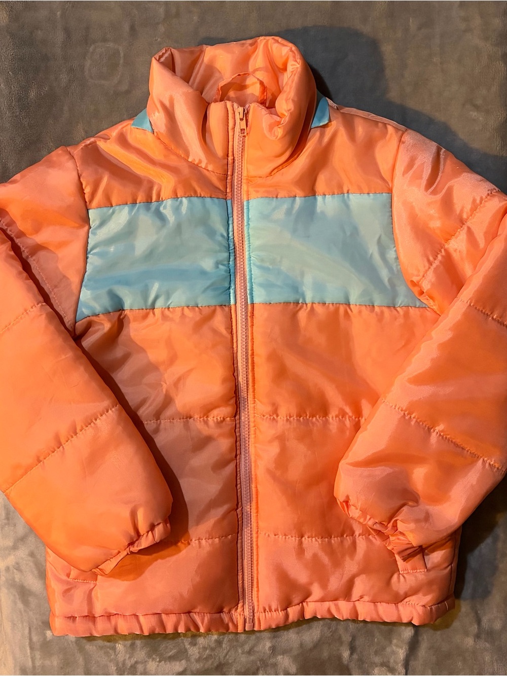 Kids peachy-pink Puffer Jacket with Light Blue Stripe